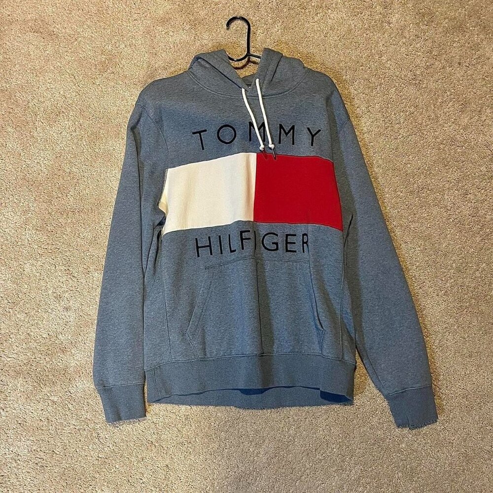 Tommy Hilfiger Men's Grey and Blue Hoodie